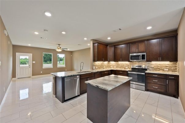 Interior, Kitchen, Marble, Recessed Lighting, Stainless Steel Appliances
