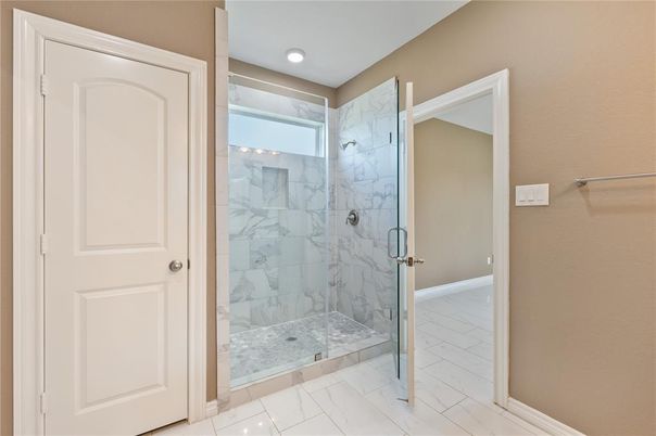 Bathroom, Glass Shower, Interior, Marble, Marble Walls, Recessed Lighting