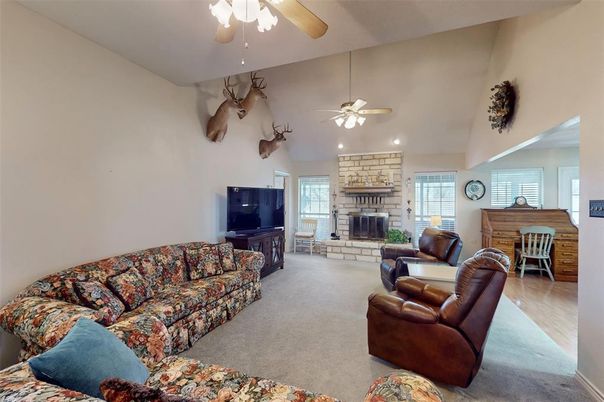 Fireplace, Interior, Living room, Recessed Lighting, Stone Walls