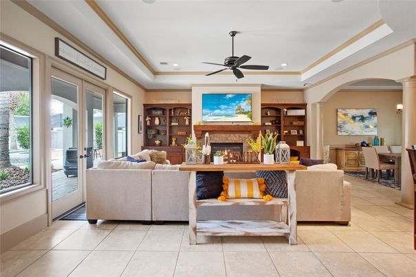 Dining room, Fireplace, Interior, Living room, Recessed Lighting