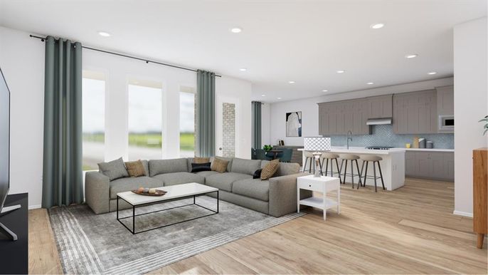 Interior, Kitchen, Living room, Recessed Lighting, Wood Texture Flooring