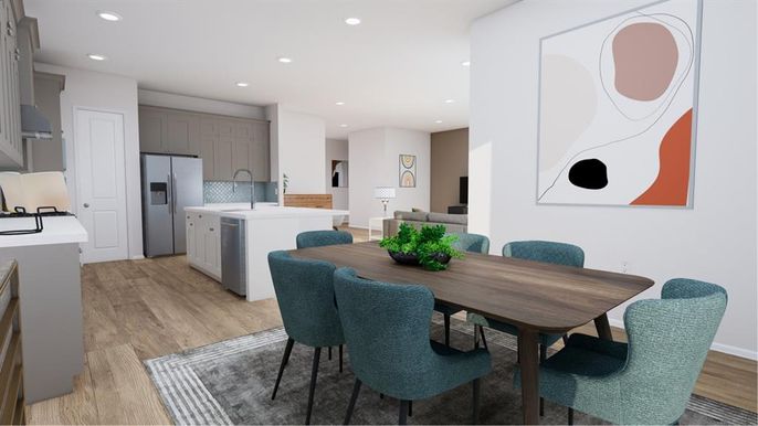 Dining room, Interior, Kitchen, Recessed Lighting, Wood Texture Flooring