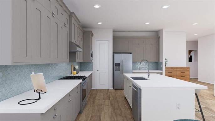 Interior, Kitchen, Recessed Lighting, Stainless Steel Appliances, Wood Texture Flooring