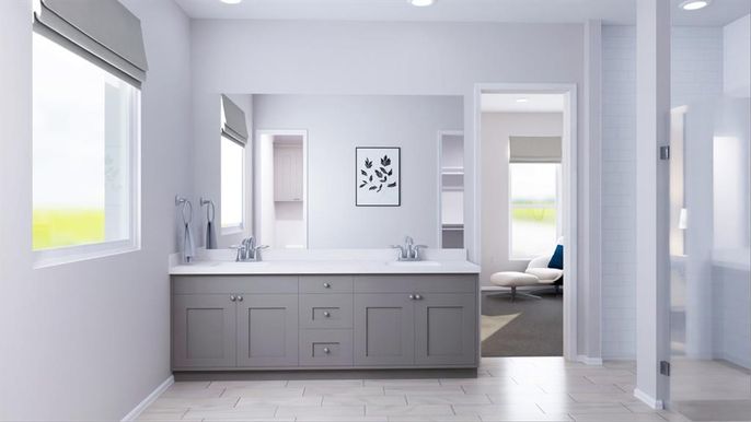 Bathroom, Dual Sink Vanities, Interior, Marble, Recessed Lighting, Wood Texture Flooring