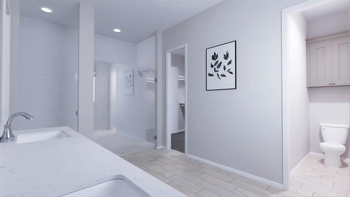 Bathroom, Interior, Recessed Lighting, Wood Texture Flooring