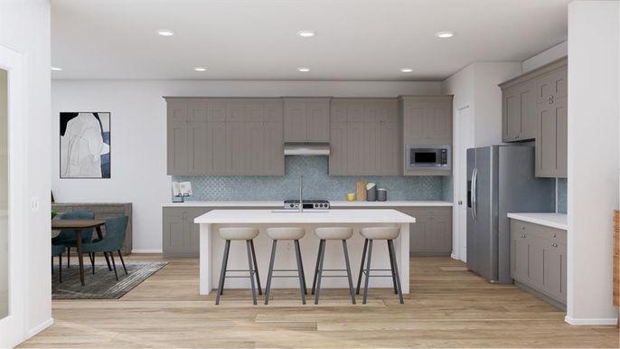 Dining room, Interior, Kitchen, Recessed Lighting, Stainless Steel Appliances, Wood Texture Flooring