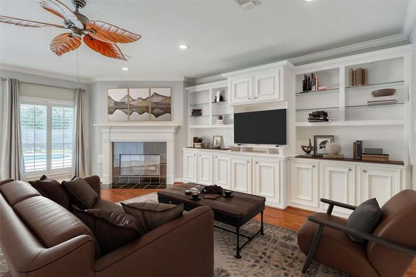 Fireplace, Interior, Living room, Recessed Lighting, Wood Texture Flooring