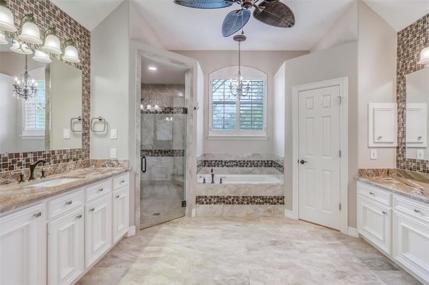 Bathroom, Dual Sink Vanities, Glass Shower, Interior, Recessed Lighting