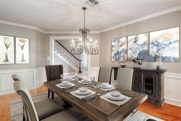 Chandelier, Dining room, Interior, Wood Texture Flooring