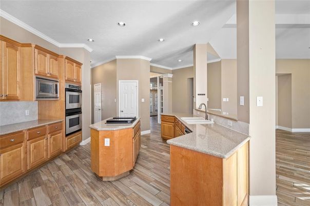 Interior, Kitchen, Recessed Lighting, Stainless Steel Appliances, Wood Texture Flooring