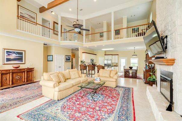 Dining room, Fireplace, Interior, Living room, Pendant Lights, Recessed Lighting, Wooden Beams