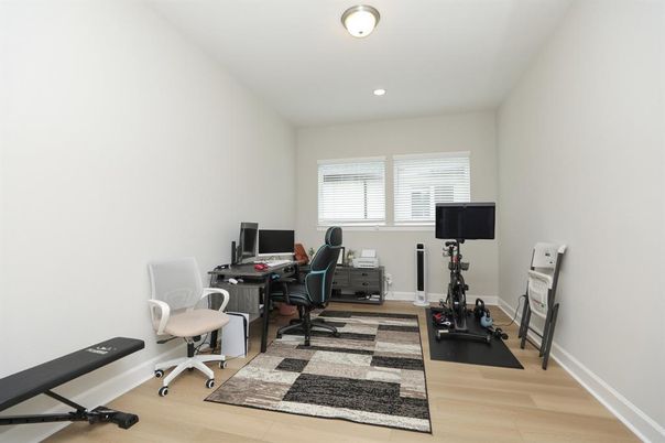Fitness Equipment, Home Office, Interior, Recessed Lighting, Wood Texture Flooring