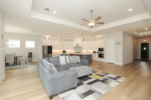 Dining room, Interior, Kitchen, Living room, Pendant Lights, Recessed Lighting, Stainless Steel Appliances, Wood Texture Flooring