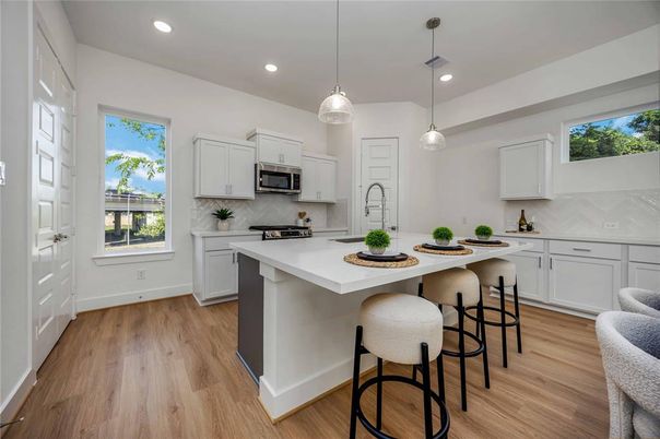 Interior, Kitchen, Pendant Lights, Recessed Lighting, Stainless Steel Appliances, Wood Texture Flooring