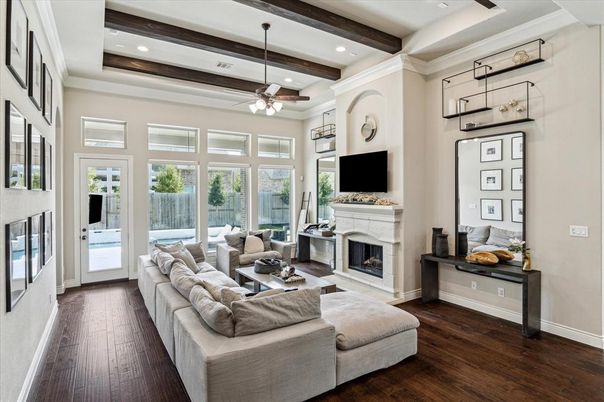 Fireplace, Interior, Living room, Recessed Lighting, Wooden Beams, Wood Texture Flooring