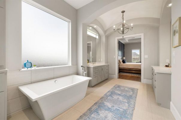 Bathroom, Bedroom, Chandelier, Free Standing Baths, Interior, Recessed Lighting, Wood Texture Flooring