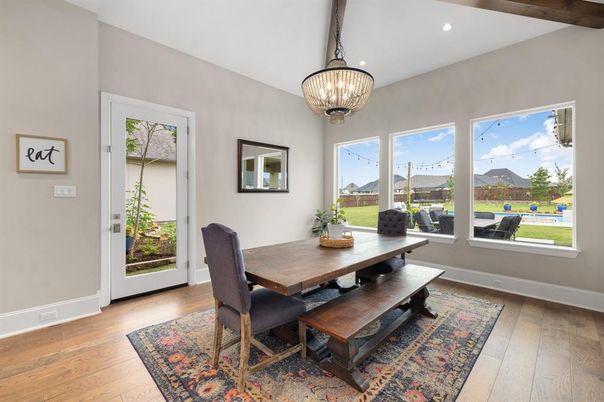 Chandelier, Dining room, Interior, Pendant Lights, Recessed Lighting, Wood Texture Flooring