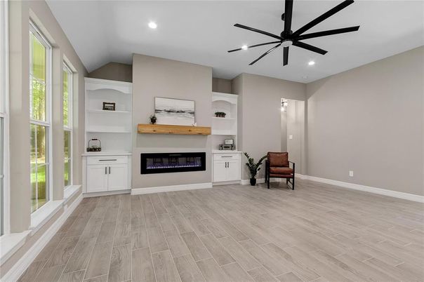 Empty room, Fireplace, Interior, Recessed Lighting, Wood Texture Flooring