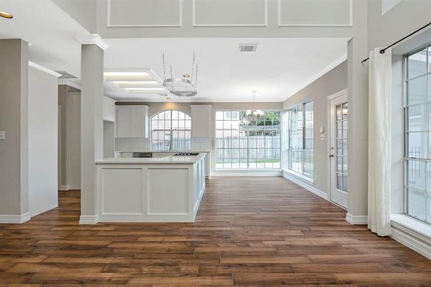 Chandelier, Interior, Kitchen, Recessed Lighting, Wood Texture Flooring