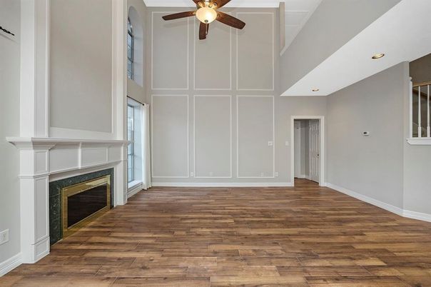 Empty room, Fireplace, Interior, Recessed Lighting, Wood Texture Flooring