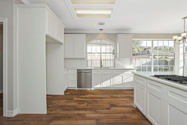 Chandelier, Interior, Kitchen, Recessed Lighting, Stainless Steel Appliances, Wood Texture Flooring