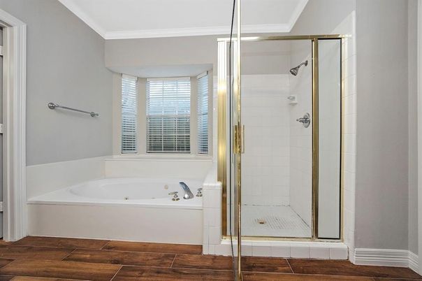 Bathroom, Glass Shower, Interior, Wood Texture Flooring