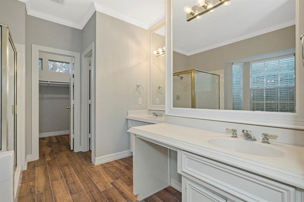 Bathroom, Glass Shower, Interior, Wood Texture Flooring