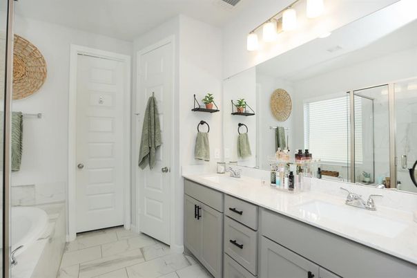 Bathroom, Dual Sink Vanities, Glass Shower, Interior, Marble