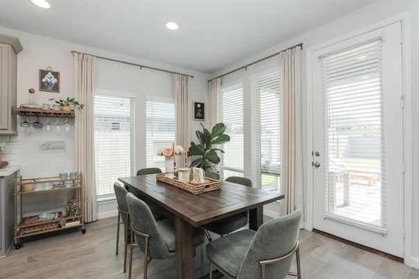 Dining room, Interior, Recessed Lighting, Wood Texture Flooring
