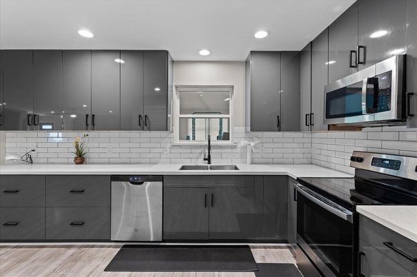 Interior, Kitchen, Recessed Lighting, Stainless Steel Appliances, Wood Texture Flooring
