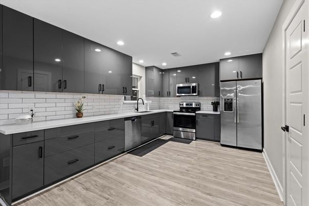 Interior, Kitchen, Recessed Lighting, Stainless Steel Appliances, Wood Texture Flooring