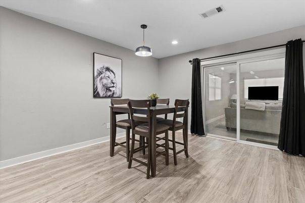 Dining room, Interior, Pendant Lights, Recessed Lighting, Wood Texture Flooring