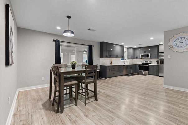 Dining room, Interior, Kitchen, Pendant Lights, Recessed Lighting, Stainless Steel Appliances, Wood Texture Flooring