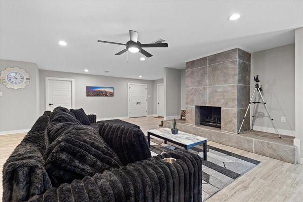 Fireplace, Interior, Living room, Recessed Lighting, Wood Texture Flooring