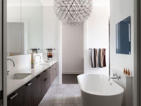 Bathroom, Dual Sink Vanities, Free Standing Baths, Interior, Wood Texture Flooring