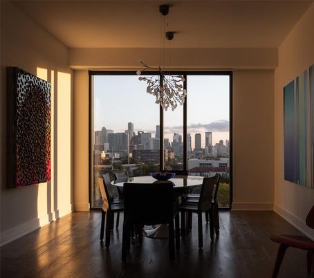 Dining room, Interior, Pendant Lights, Wood Texture Flooring
