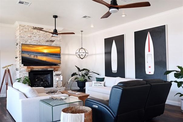 Fireplace, Interior, Living room, Pendant Lights, Recessed Lighting, Stone Walls, Wood Texture Flooring