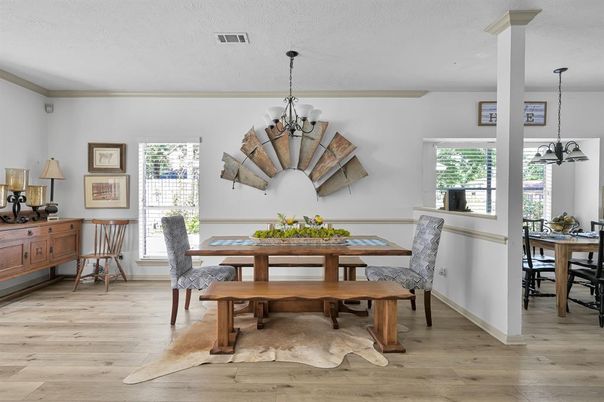 Chandelier, Dining room, Interior, Pendant Lights, Wood Texture Flooring