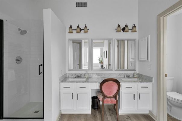 Bathroom, Dual Sink Vanities, Glass Shower, Interior, Wood Texture Flooring