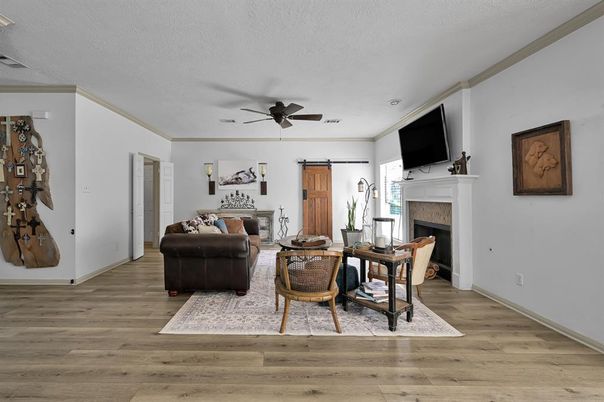 Dining room, Fireplace, Interior, Living room, Wood Texture Flooring