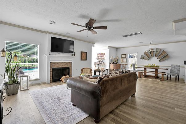 Dining room, Fireplace, Interior, Living room, Wood Texture Flooring