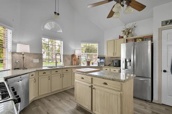 Interior, Kitchen, Pendant Lights, Stainless Steel Appliances, Wood Texture Flooring