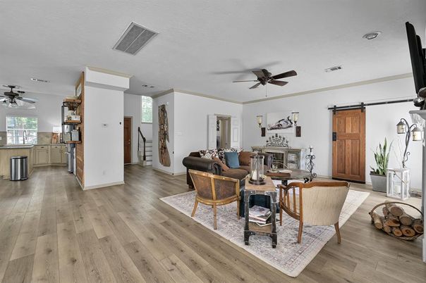 Dining room, Fireplace, Interior, Living room, Wood Texture Flooring