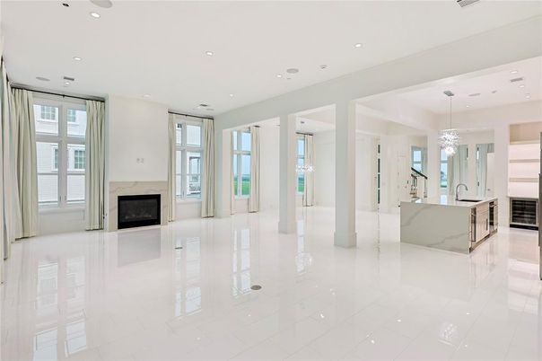 Chandelier, Empty room, Fireplace, Interior, Kitchen, Pendant Lights, Recessed Lighting