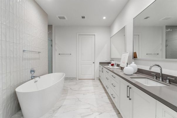 Bathroom, Dual Sink Vanities, Free Standing Baths, Interior, Marble, Recessed Lighting