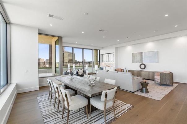 Dining room, Interior, Living room, Recessed Lighting, Wood Texture Flooring