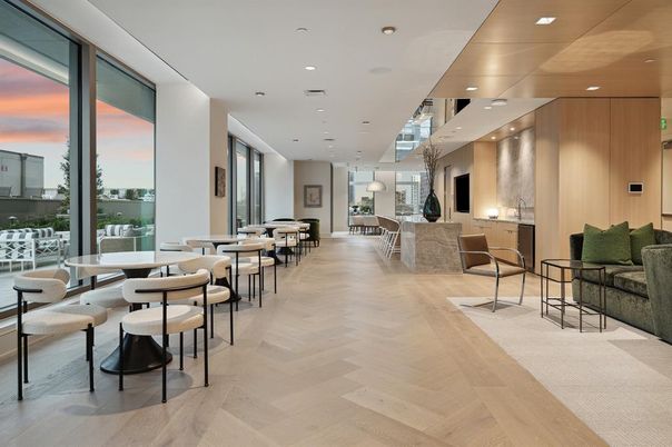 Dining room, Interior, Recessed Lighting, Wood Texture Flooring