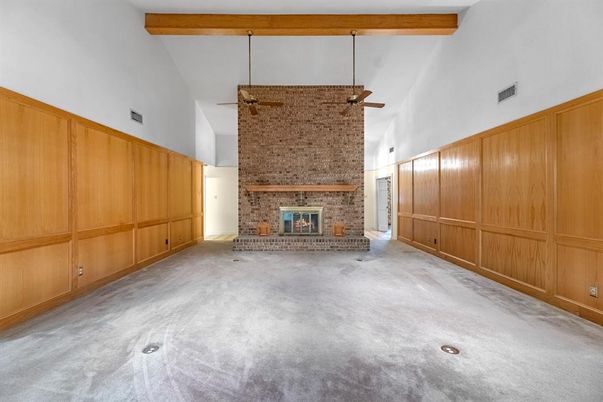 Empty room, Fireplace, Interior, Stone Walls, Wooden Beams, Wooden Walls