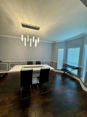 Dining room, Interior, Pendant Lights, Wood Texture Flooring