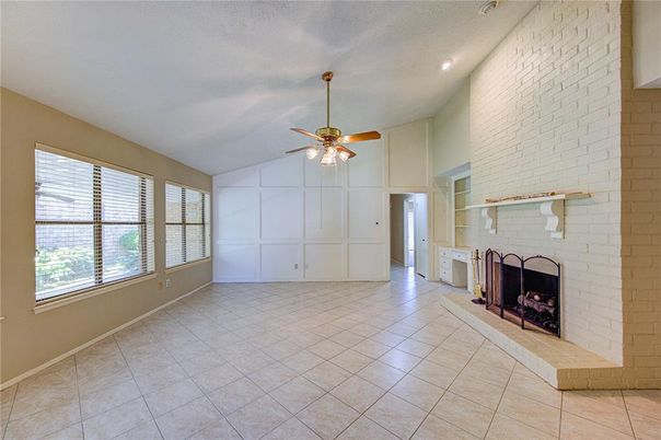 Empty room, Fireplace, Interior, Recessed Lighting, Stone Walls